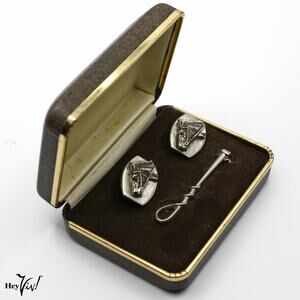 Vintage Horse Cuff Links and Riding Crop Tie Bar Set Original Gift Box - Hey Viv